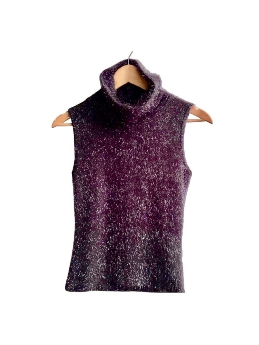 Sleeveless Funnel neck Holiday Party top w/metallic details fuzzy sz small